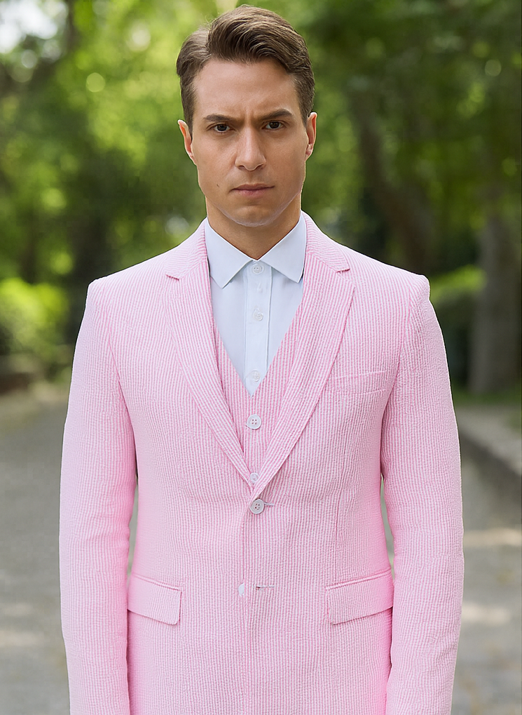 Mens Pink Pinstripe Vested Summer Seersucker Suit