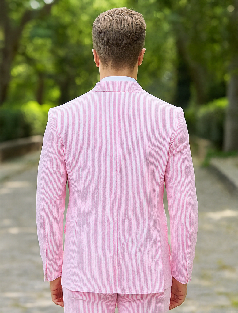 Mens Pink Pinstripe Vested Summer Seersucker Suit