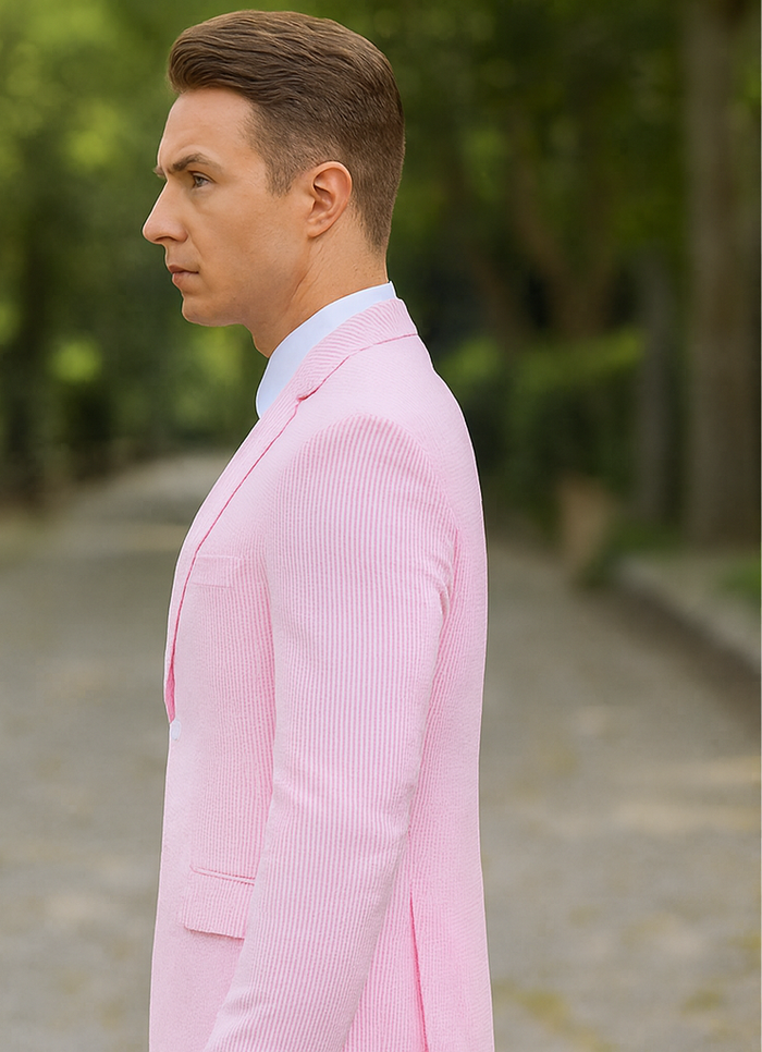 Mens Pink Pinstripe Jacket + Pants Summer Seersucker Suit