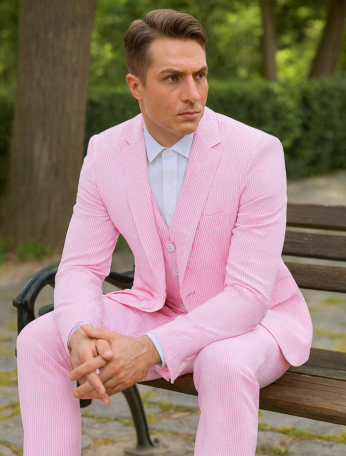 Mens Pink Pinstripe Jacket + Pants Summer Seersucker Suit