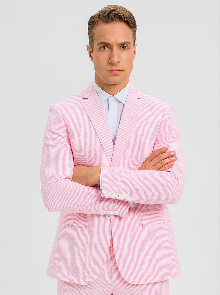Mens Pink Pinstripe Vested Summer Seersucker Suit