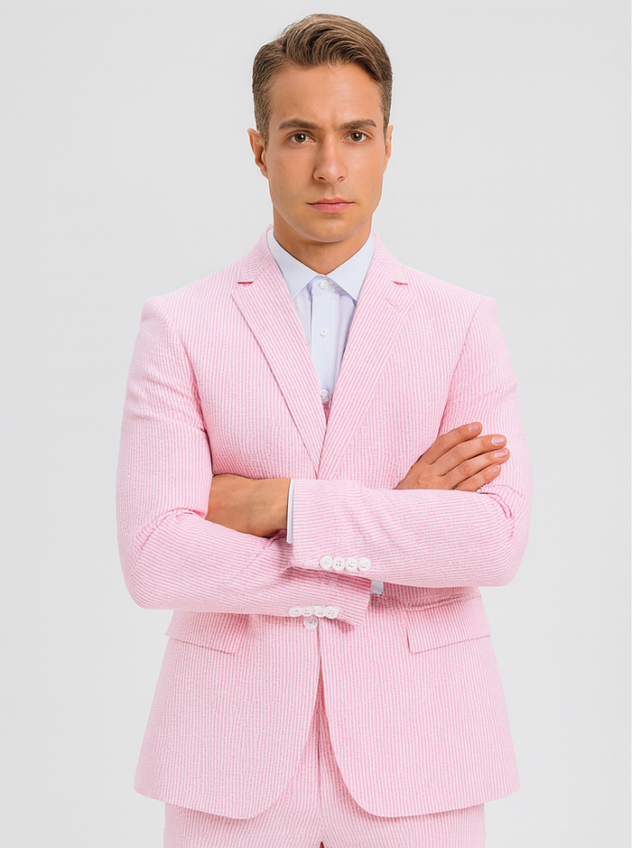Mens Pink Pinstripe Jacket + Pants Summer Seersucker Suit