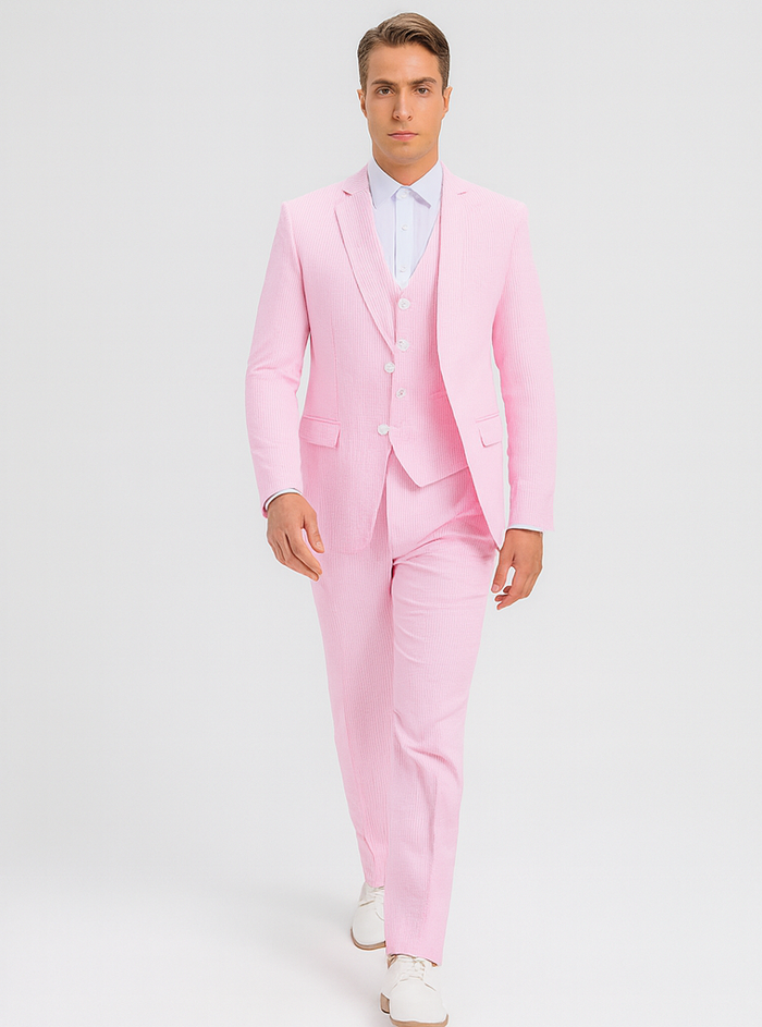 Mens Pink Pinstripe Jacket + Pants Summer Seersucker Suit