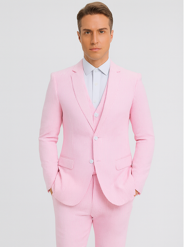 Mens Pink Pinstripe Vested Summer Seersucker Suit