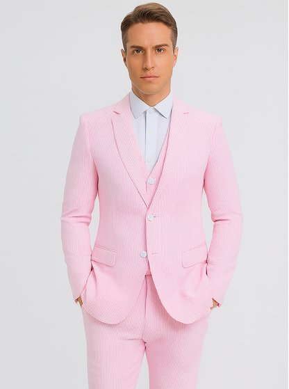 Mens Pink Pinstripe Vested Summer Seersucker Suit