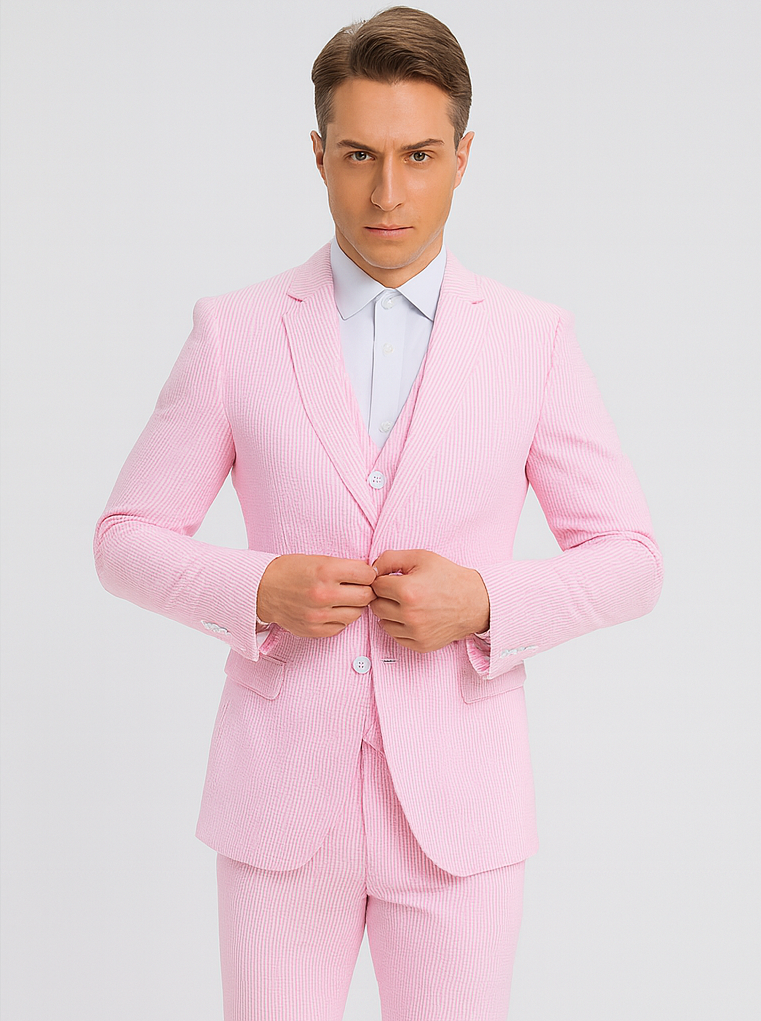 Mens Pink Pinstripe Vested Summer Seersucker Suit
