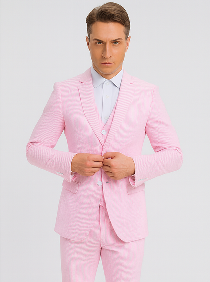 Mens Pink Pinstripe Vested Summer Seersucker Suit
