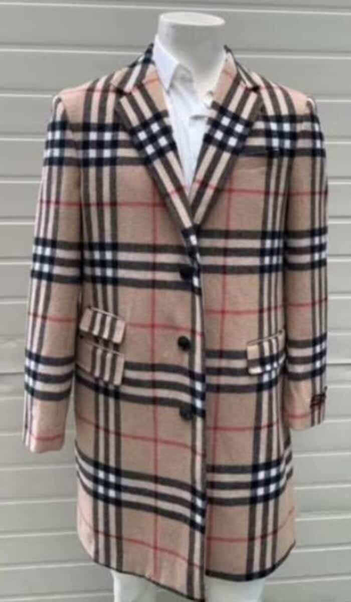 Mens Plaid Overcoat - Checkered Carcoat - Wool Three Quarter Plaid Pattern Peacoat