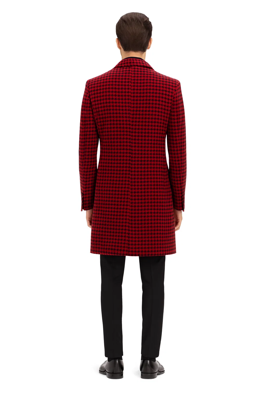 Mens Plaid Overcoat - Houndstooth Single Breasted Checker Pattern Red Topcoat