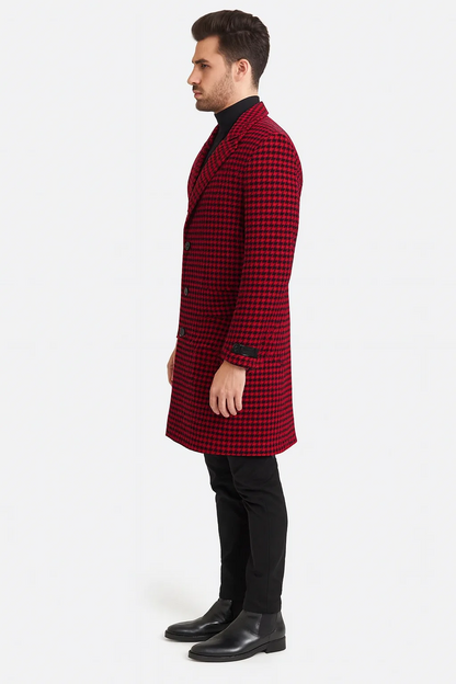 Mens Plaid Overcoat - Houndstooth Single Breasted Checker Pattern Red Topcoat