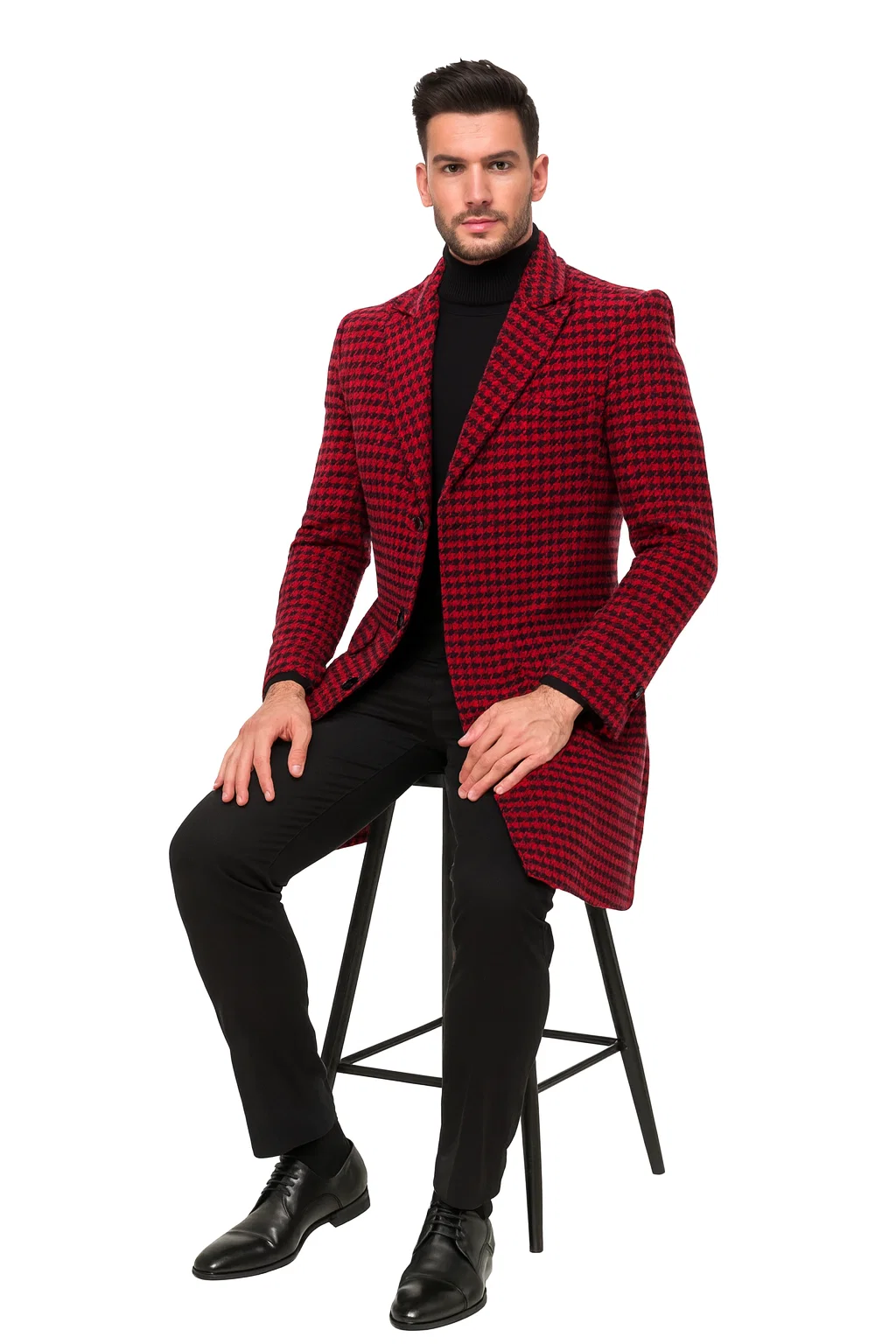 Mens Plaid Overcoat - Houndstooth Single Breasted Checker Pattern Red Topcoat
