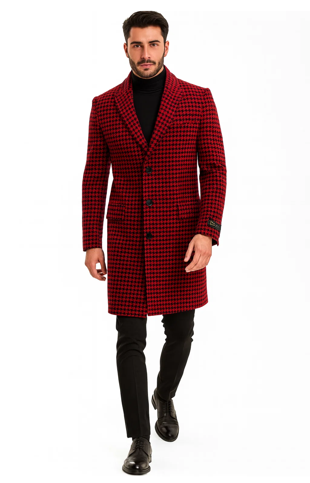 Mens Plaid Overcoat - Houndstooth Single Breasted Checker Pattern Red Topcoat