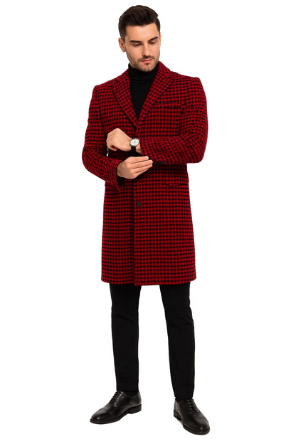 Mens Plaid Overcoat - Houndstooth Single Breasted Checker Pattern Red Topcoat