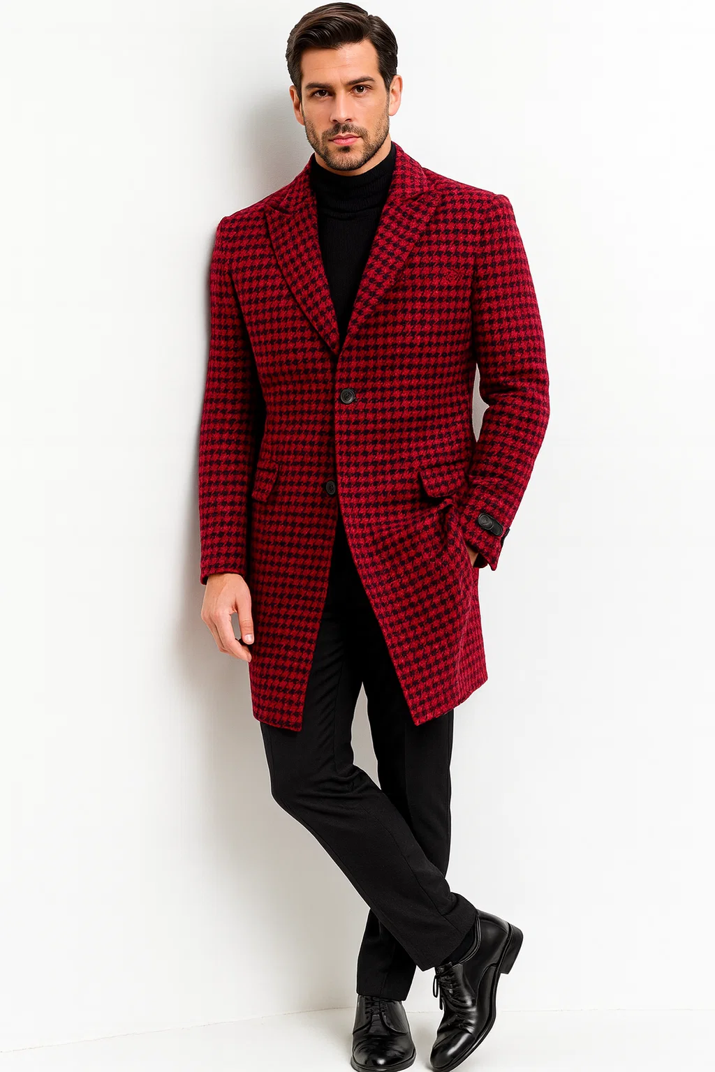 Mens Plaid Overcoat - Houndstooth Single Breasted Checker Pattern Red Topcoat