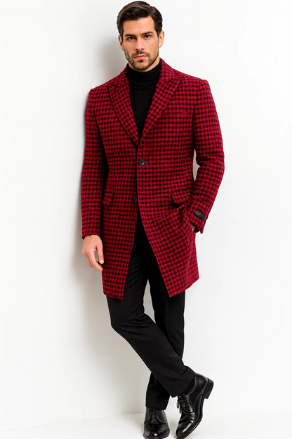 Mens Plaid Overcoat - Houndstooth Single Breasted Checker Pattern Red Topcoat