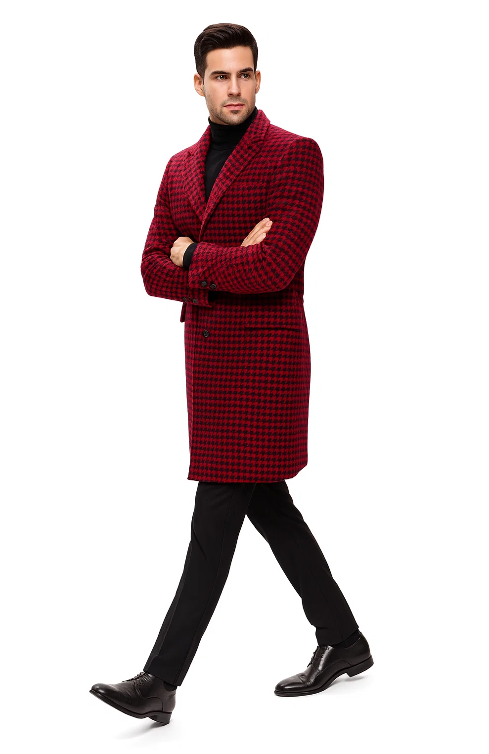 Mens Plaid Overcoat - Houndstooth Single Breasted Checker Pattern Red Topcoat