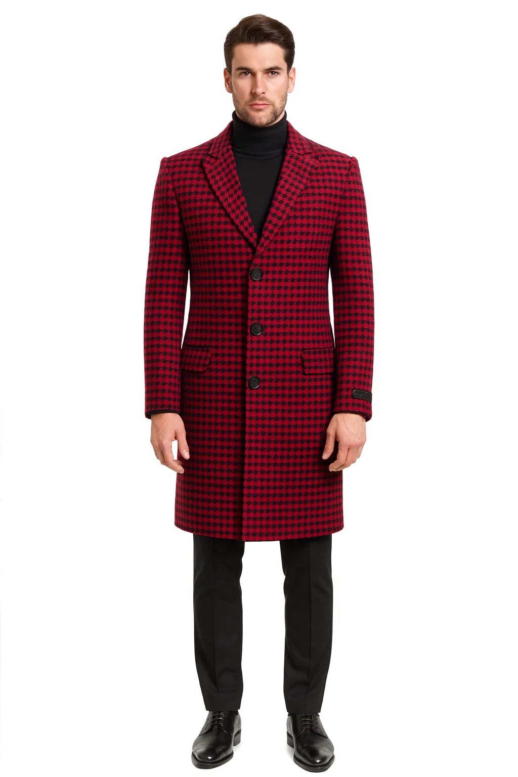 Mens Plaid Overcoat - Houndstooth Single Breasted Checker Pattern Red Topcoat