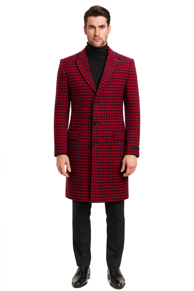 Mens Plaid Overcoat - Houndstooth Single Breasted Checker Pattern Red Topcoat