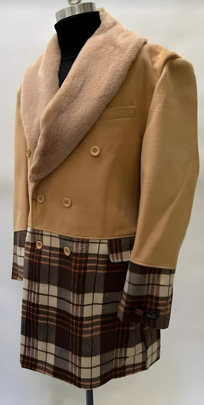 Mens Plaid Overcoat - Hounstooth Checker Pattern Topcoat - Khaki ~ Brown 1   - from alligatorwarehouse.com
