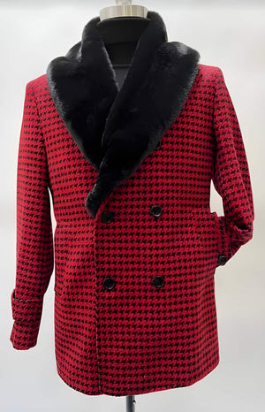 Mens Plaid Overcoat - Hounstooth Checker Pattern Topcoat - Red with collar
