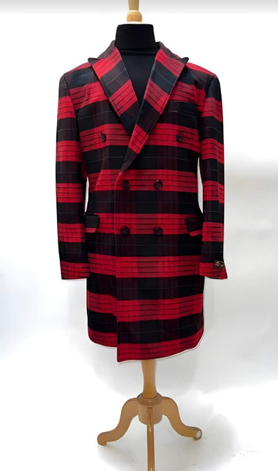 Mens Plaid Overcoat - Wool Peacoat - Plaid Topcoats Red ~ Black 1   - from alligatorwarehouse.com