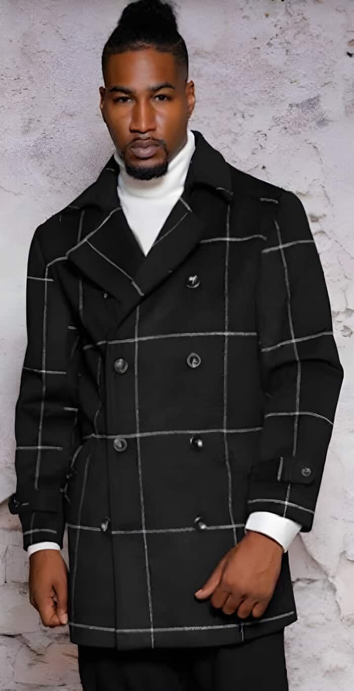 Mens Plaid Overcoat - Wool Peacoat - Plaid Topcoats Black - Two Flap Front