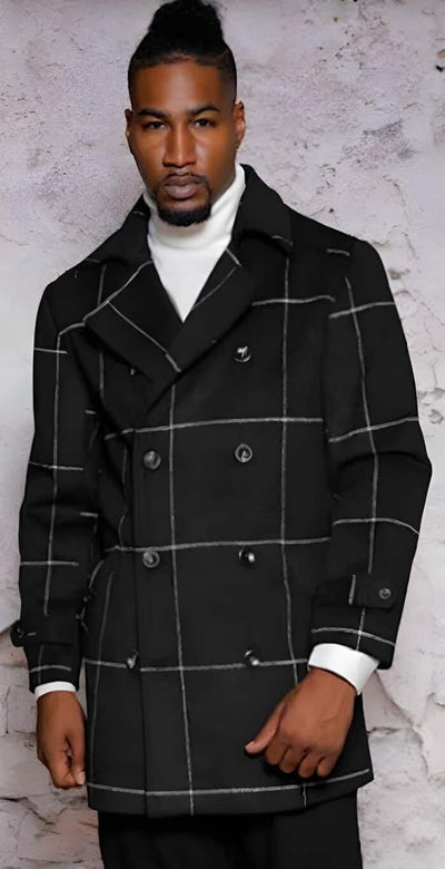 Mens Plaid Overcoat - Wool Peacoat - Plaid Topcoats Black - Two Flap Front 1   - from alligatorwarehouse.com