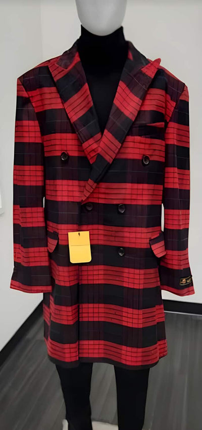 Mens Plaid Overcoat - Wool Peacoat - Plaid  Red ~ Black Topcoats 1   - from alligatorwarehouse.com