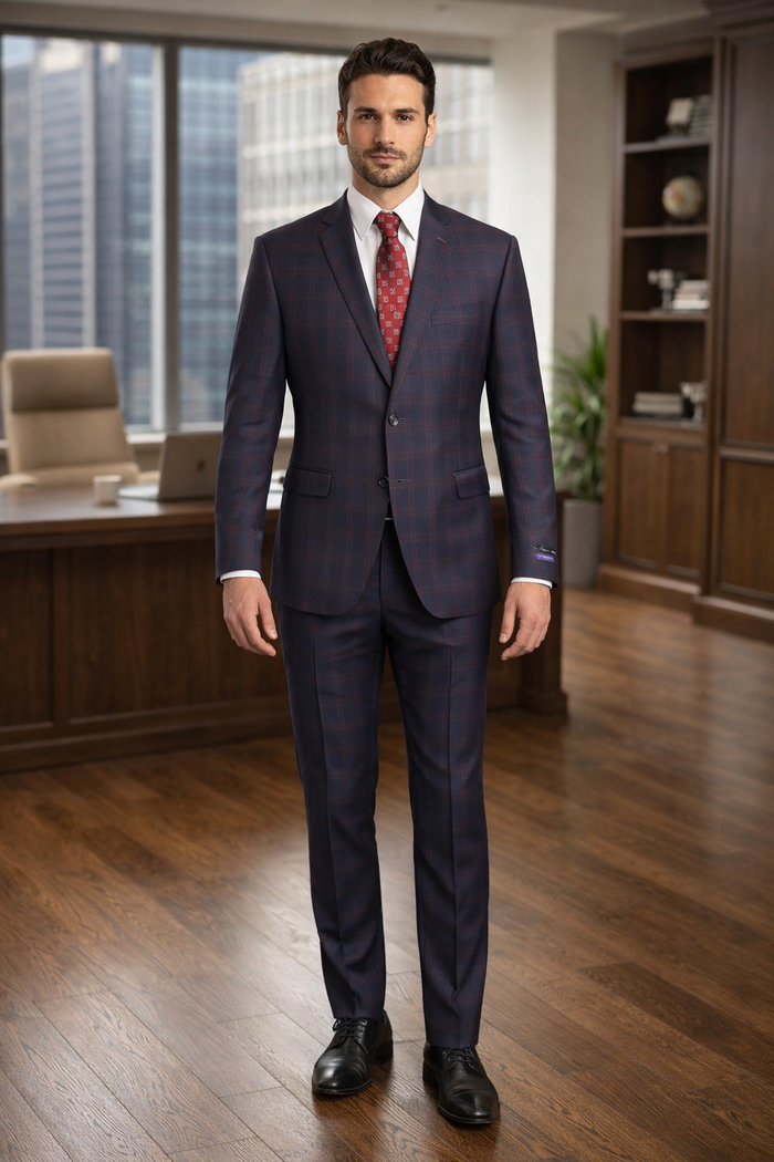 Mens Plaid Suits - Windowpane Wool Suits - Navy Blue with Dark Burgundy Pattern - Business Suit  in Classic Fit