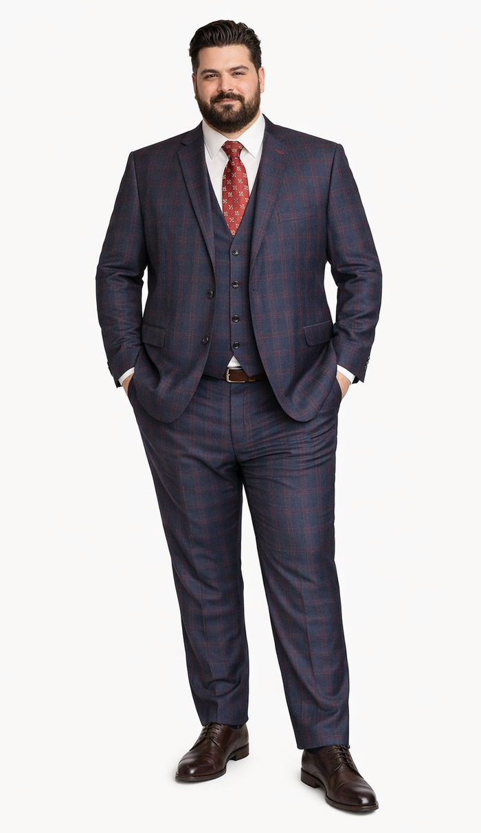 Mens Plaid Suits - Windowpane Wool Suits - Navy Blue with Dark Burgundy Pattern - Business Suit  in Classic Fit