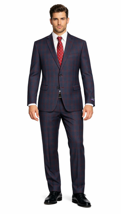 Mens Plaid Suits - Windowpane Wool Suits - Navy Blue with Dark Burgundy Pattern - Business Suit  in Classic Fit