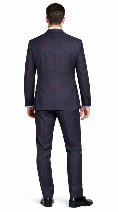 Mens Plaid Suits - Windowpane Wool Suits - Navy Blue with Dark Burgundy Pattern - Business Suit  in Classic Fit