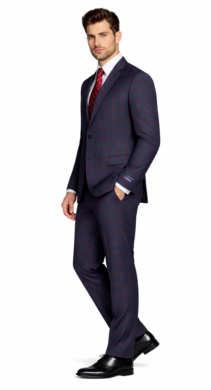Mens Plaid Suits - Windowpane Wool Suits - Navy Blue with Dark Burgundy Pattern - Business Suit  in Classic Fit