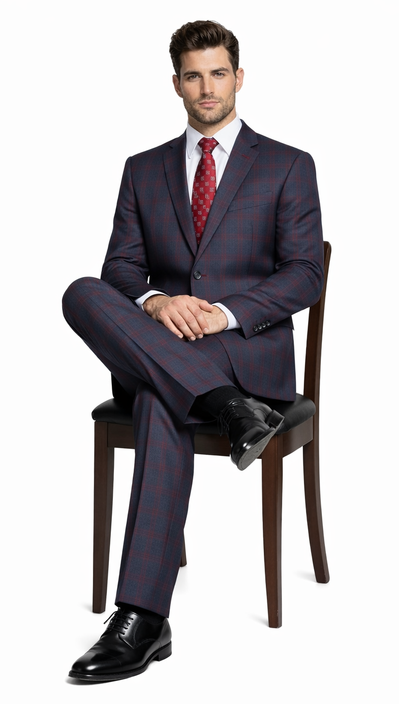 Mens Plaid Suits - Windowpane Wool Suits - Navy Blue with Dark Burgundy Pattern - Business Suit  in Classic Fit