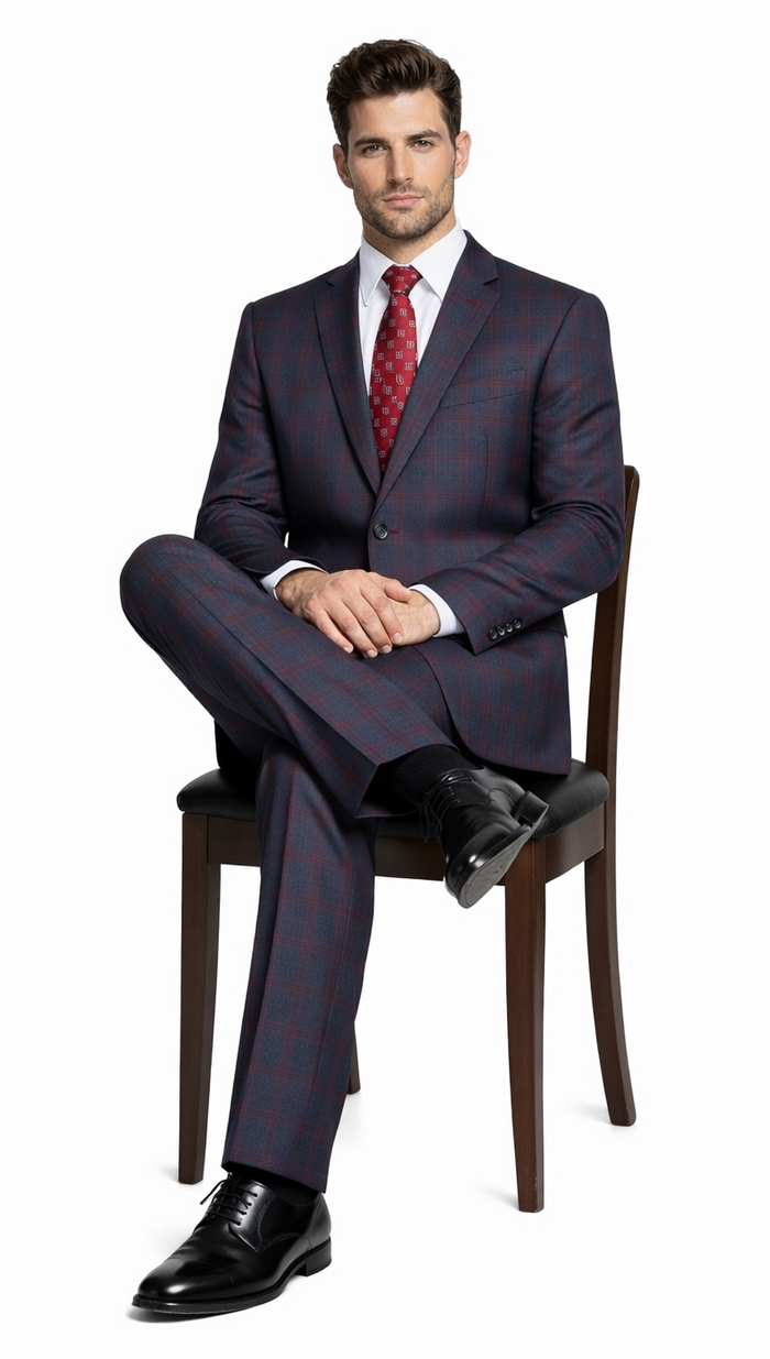Mens Plaid Suits - Windowpane Wool Suits - Navy Blue with Dark Burgundy Pattern - Business Suit  in Classic Fit