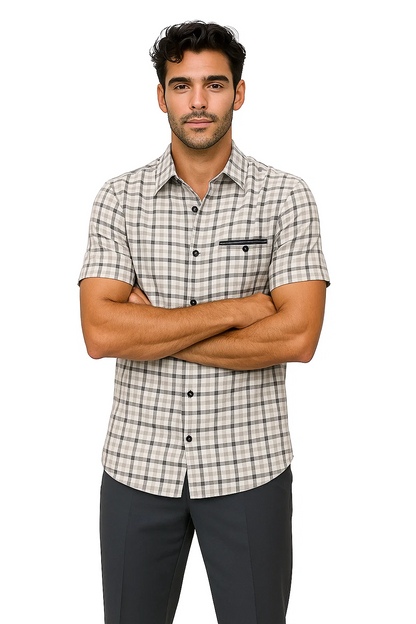 Mens Plaid Walking Suit in grey by Dreams by Zacchi – 2 Piece Leisure Outfit with Matching Shirt and Pants - $99