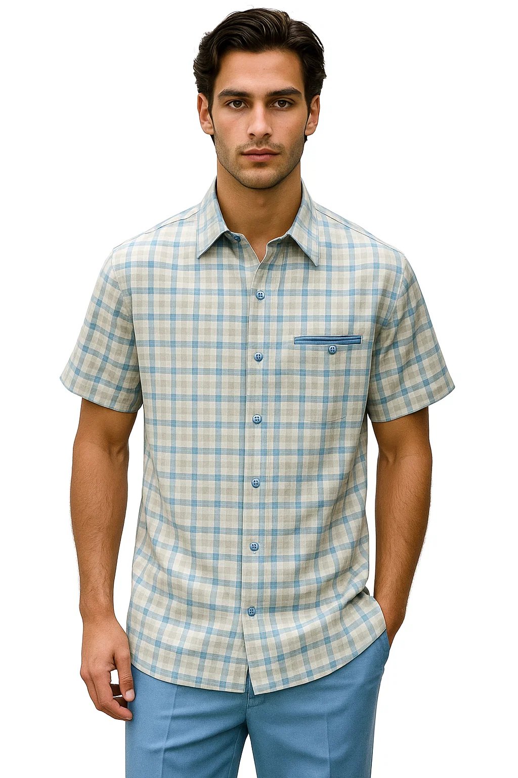 Mens Plaid Walking Suit in Powder Blue by Dreams by Zacchi – 2 Piece Leisure Outfit with Matching Shirt and Pants - $99