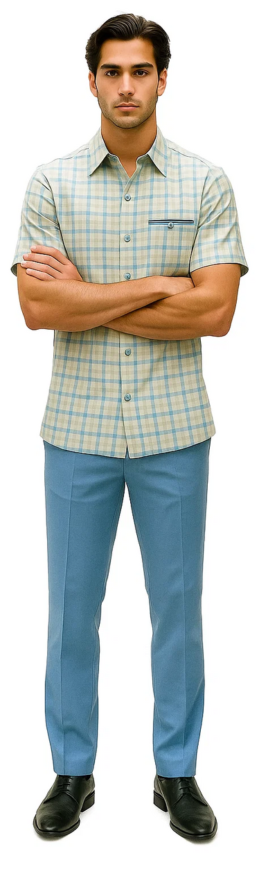 Mens Plaid Walking Suit in Powder Blue by Dreams by Zacchi – 2 Piece Leisure Outfit with Matching Shirt and Pants - $99 2   - from alligatorwarehouse.com