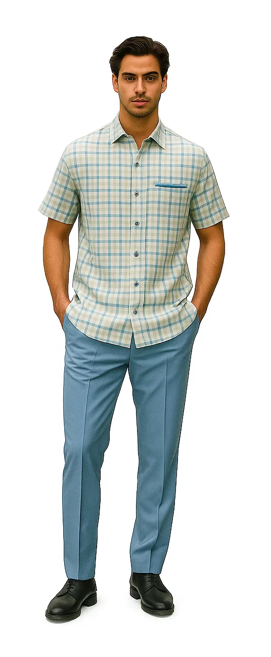 Mens Plaid Walking Suit in Powder Blue by Dreams by Zacchi – 2 Piece Leisure Outfit with Matching Shirt and Pants - $99 5   - from alligatorwarehouse.com
