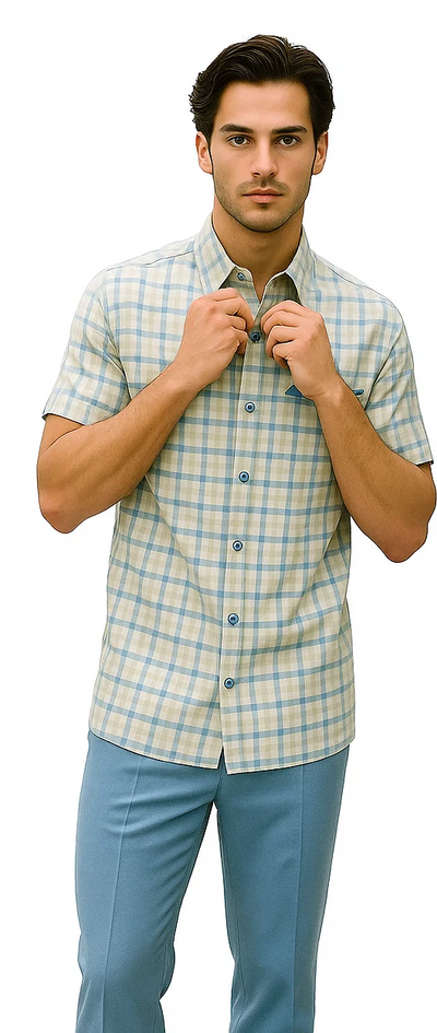 Mens Plaid Walking Suit in Powder Blue by Dreams by Zacchi – 2 Piece Leisure Outfit with Matching Shirt and Pants - $99 7   - from alligatorwarehouse.com