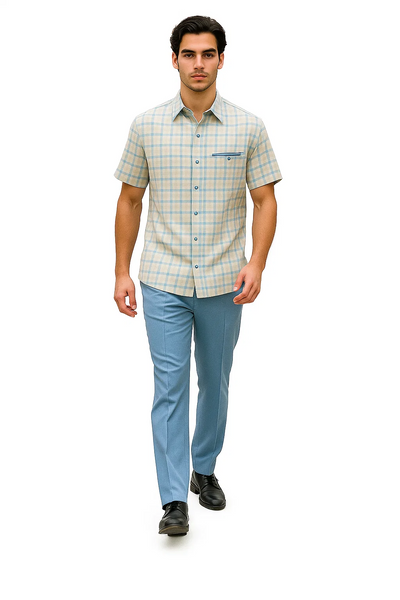 Mens Plaid Walking Suit in Powder Blue by Dreams by Zacchi – 2 Piece Leisure Outfit with Matching Shirt and Pants - $99 8   - from alligatorwarehouse.com
