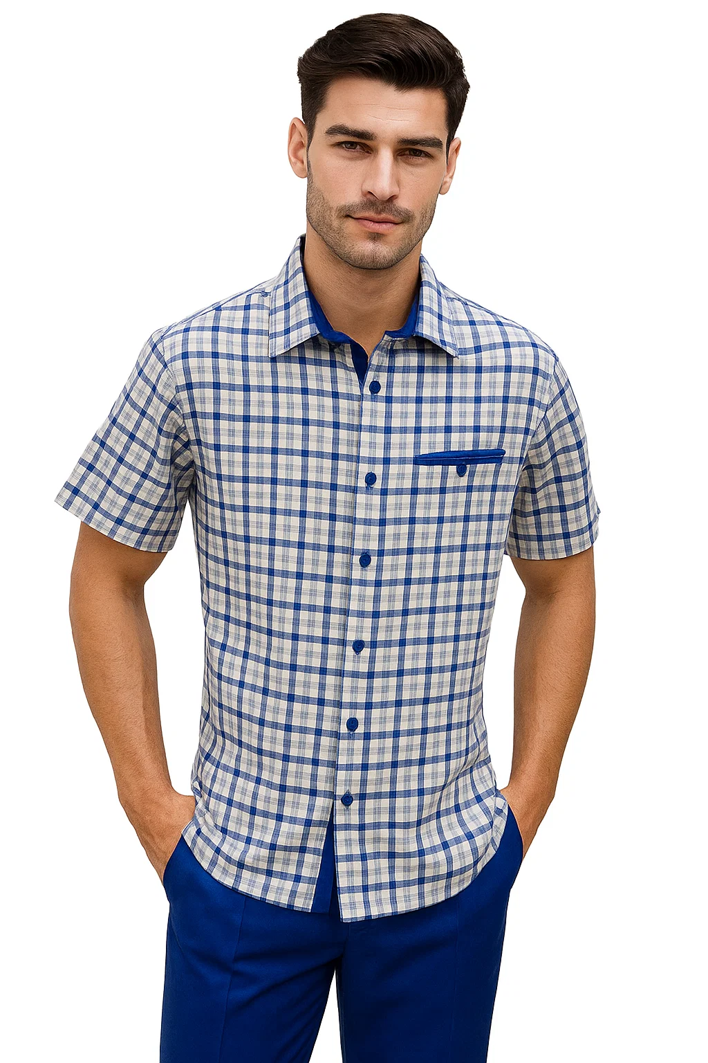 Mens Plaid Walking Suit in royal by Dreams Zacchi – 2 Piece Leisure Outfit with Matching Shirt and Pants - $99