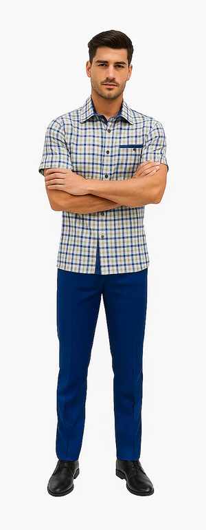 Mens Plaid Walking Suit in royal by Dreams Zacchi – 2 Piece Leisure Outfit with Matching Shirt and Pants - $99