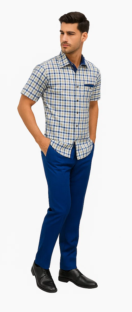 Mens Plaid Walking Suit in royal by Dreams Zacchi – 2 Piece Leisure Outfit with Matching Shirt and Pants - $99