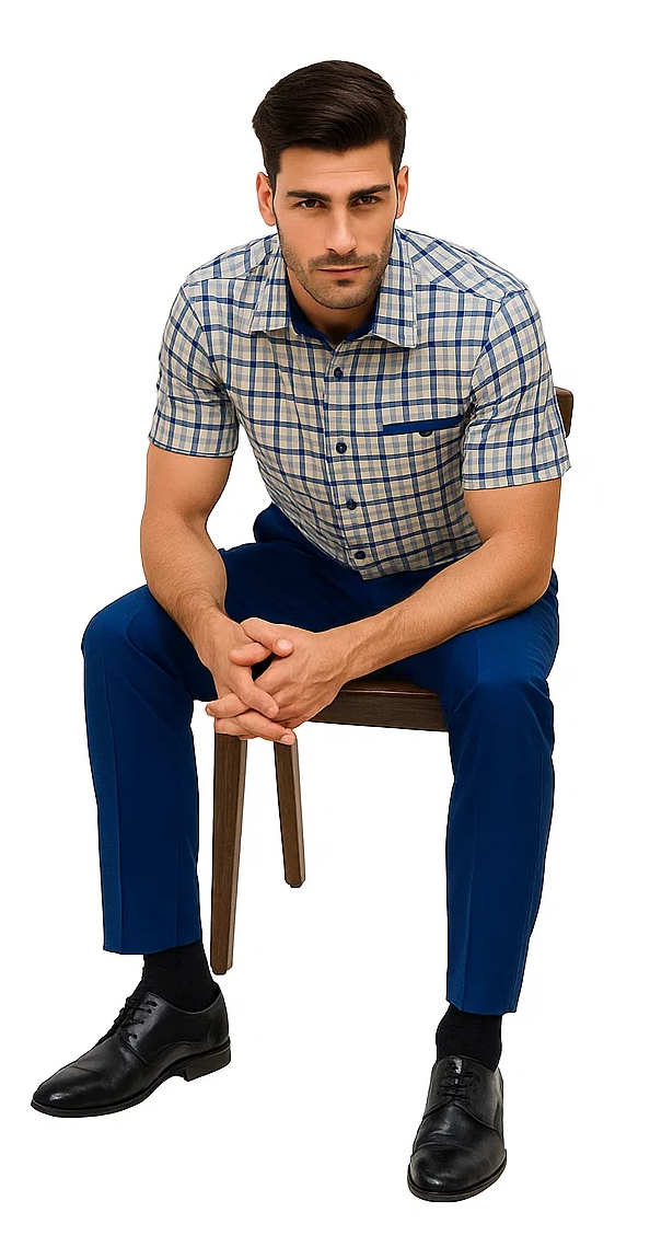 Mens Plaid Walking Suit in royal by Dreams Zacchi – 2 Piece Leisure Outfit with Matching Shirt and Pants - $99