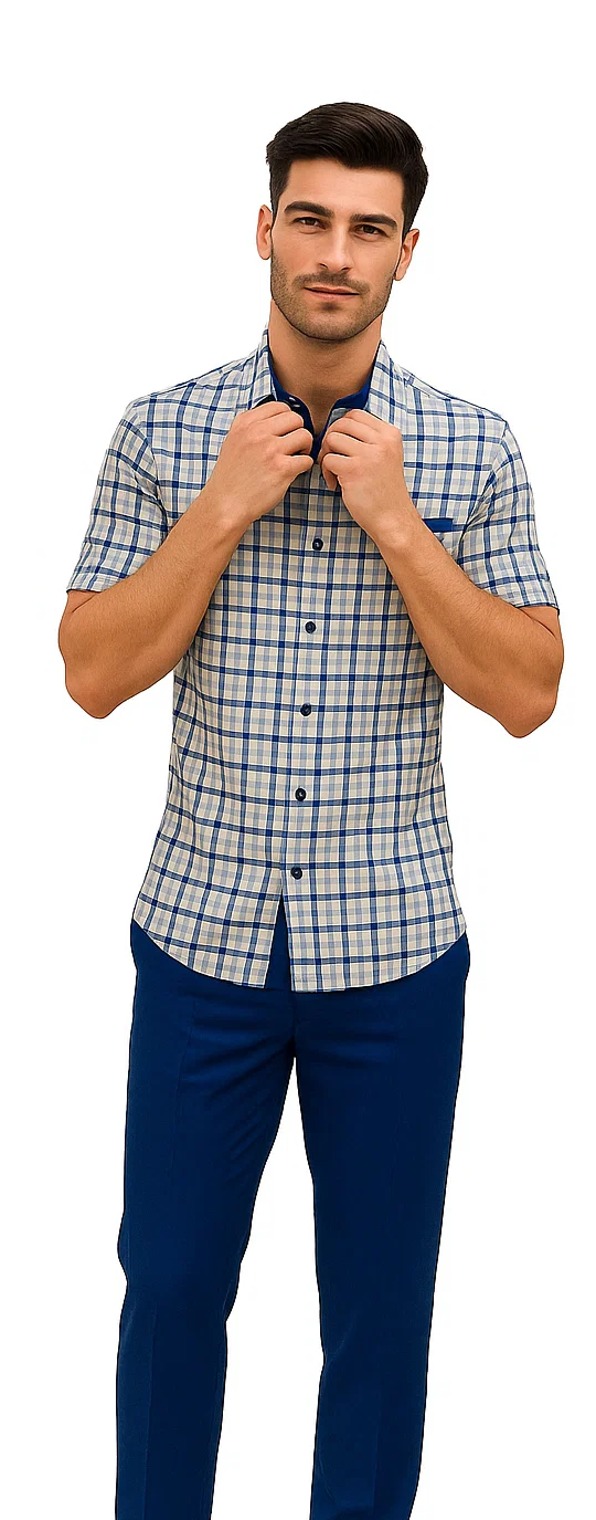 Mens Plaid Walking Suit in royal by Dreams Zacchi – 2 Piece Leisure Outfit with Matching Shirt and Pants - $99