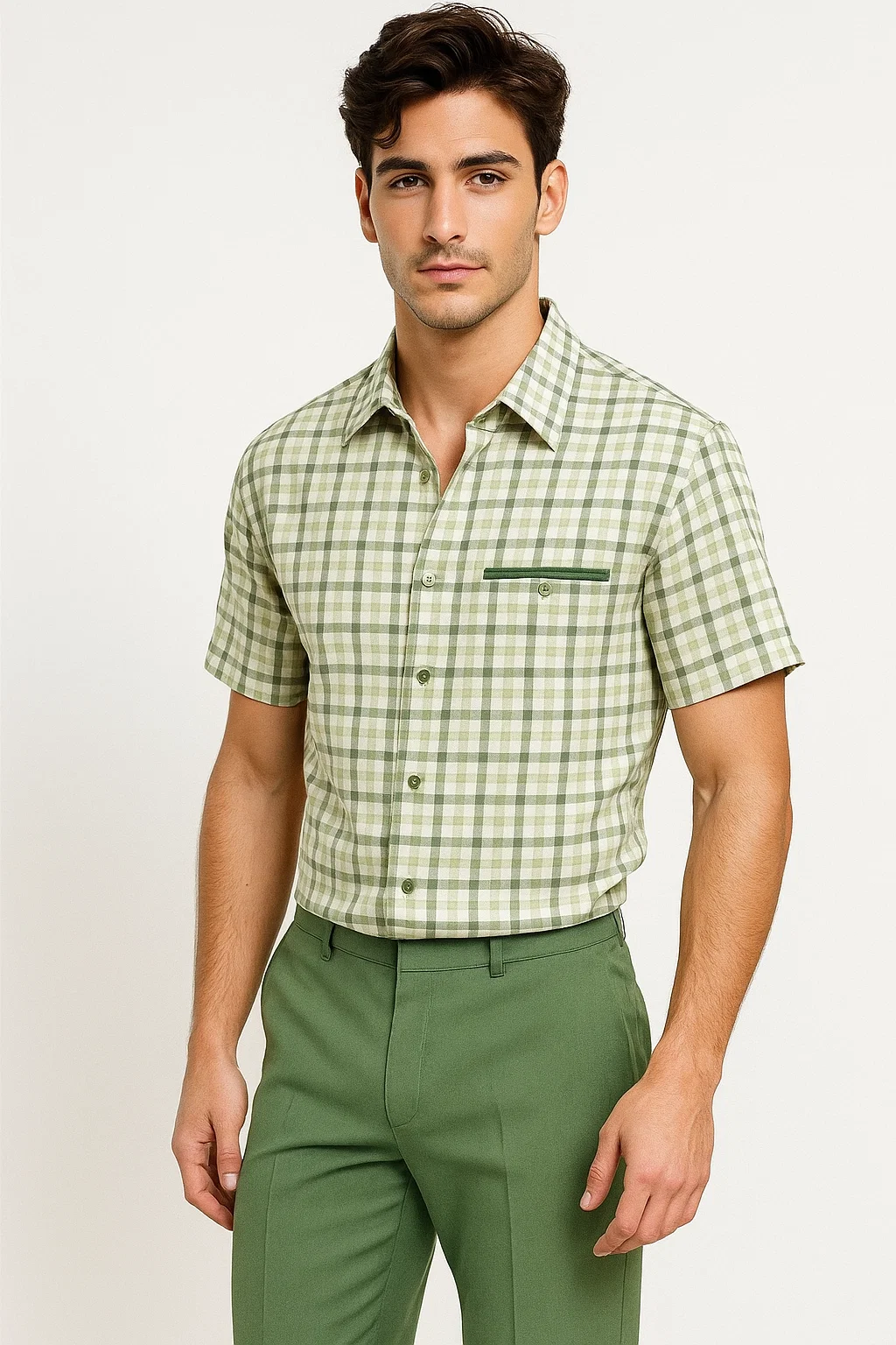 Mens Plaid Walking Suit in sage  by Dreams by Zacchi – 2 Piece Leisure Outfit with Matching Shirt and Pants - $99