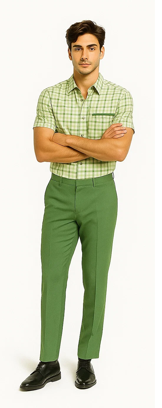Mens Plaid Walking Suit in sage  by Dreams by Zacchi – 2 Piece Leisure Outfit with Matching Shirt and Pants - $99