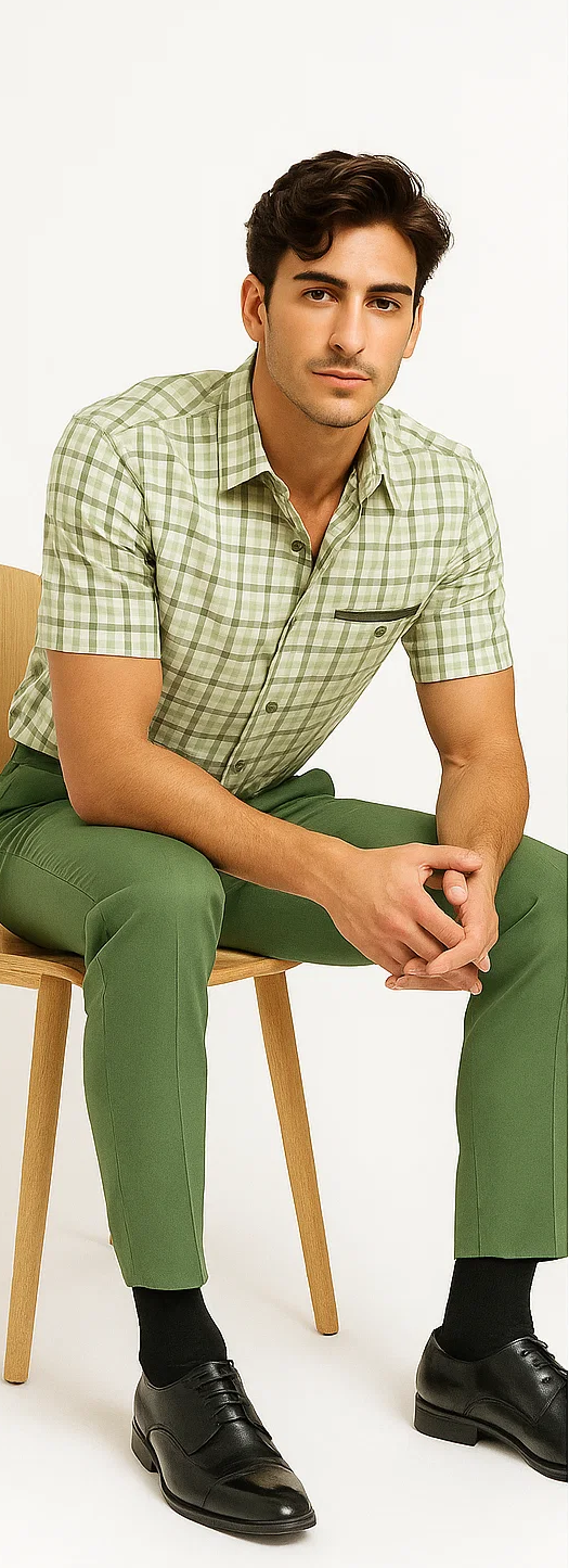 Mens Plaid Walking Suit in sage  by Dreams by Zacchi – 2 Piece Leisure Outfit with Matching Shirt and Pants - $99