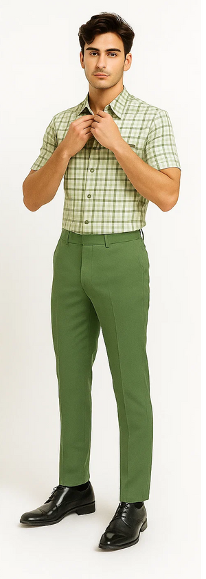 Mens Plaid Walking Suit in sage  by Dreams by Zacchi – 2 Piece Leisure Outfit with Matching Shirt and Pants - $99